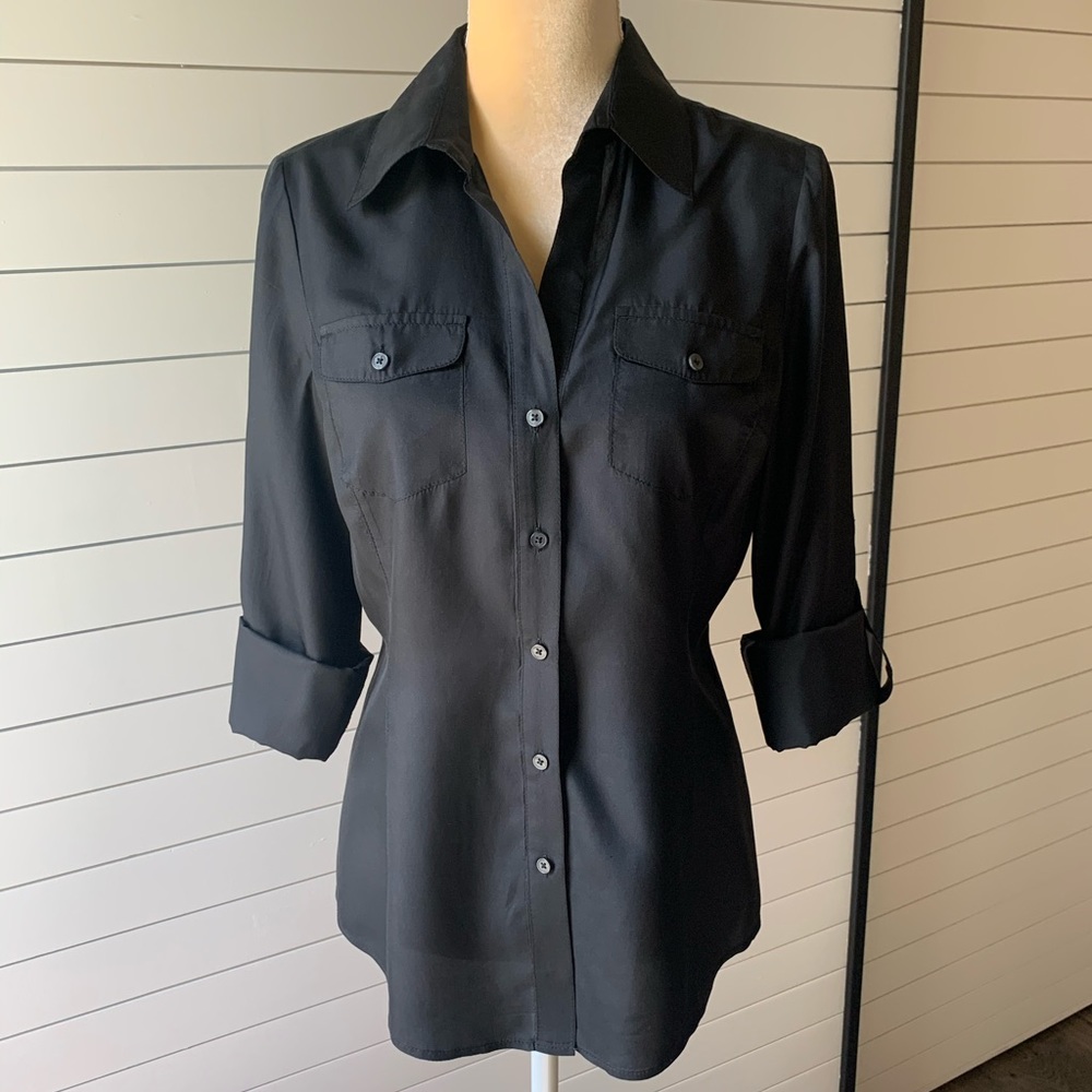 Silk Adjustable Length Sleeve Button-Down Blouse - image 1